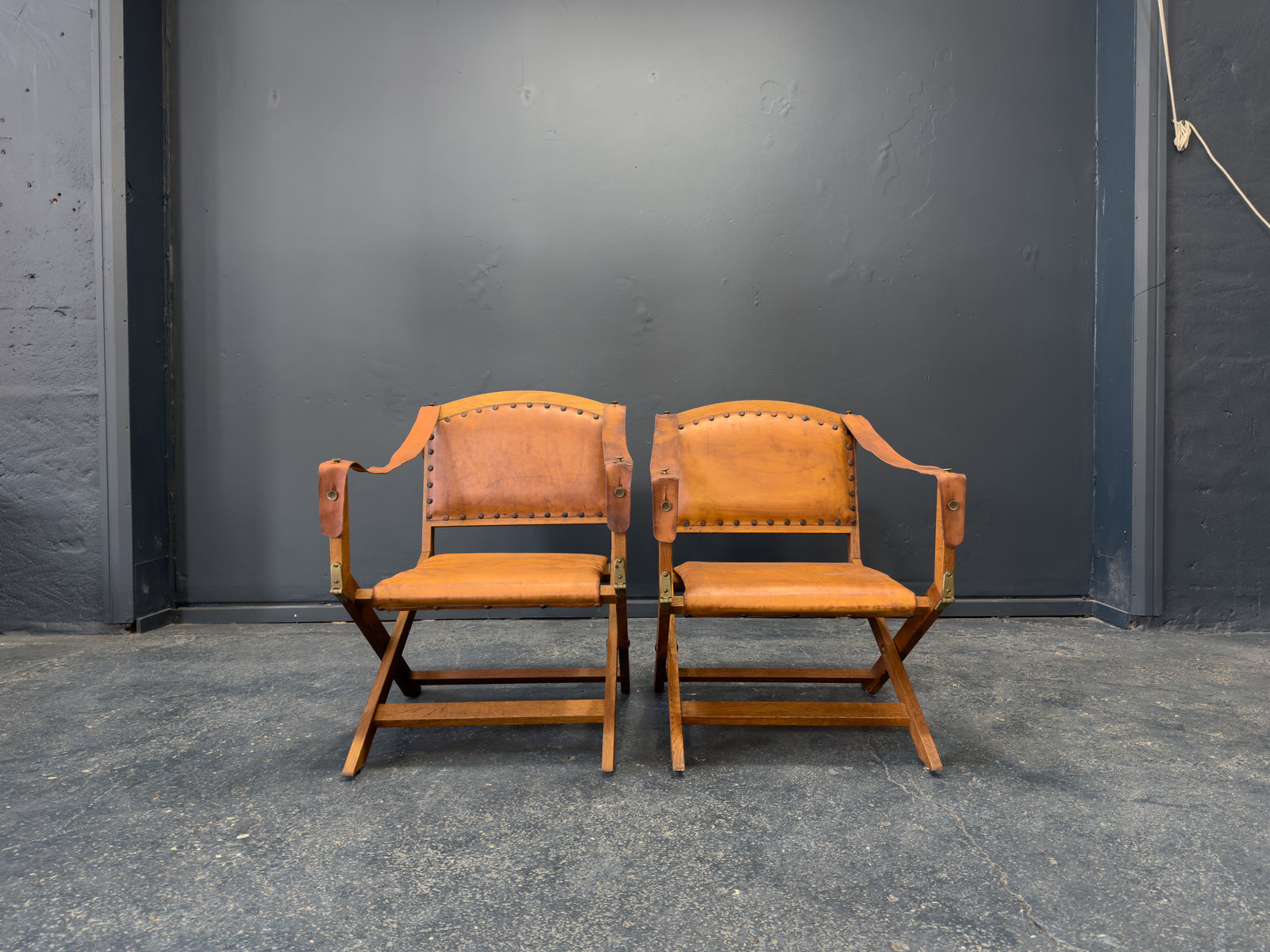 Oak and Leather Foldable Swedish Safari Chairs