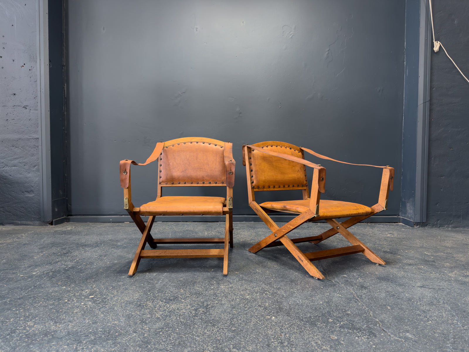 Oak and Leather Foldable Swedish Safari Chairs