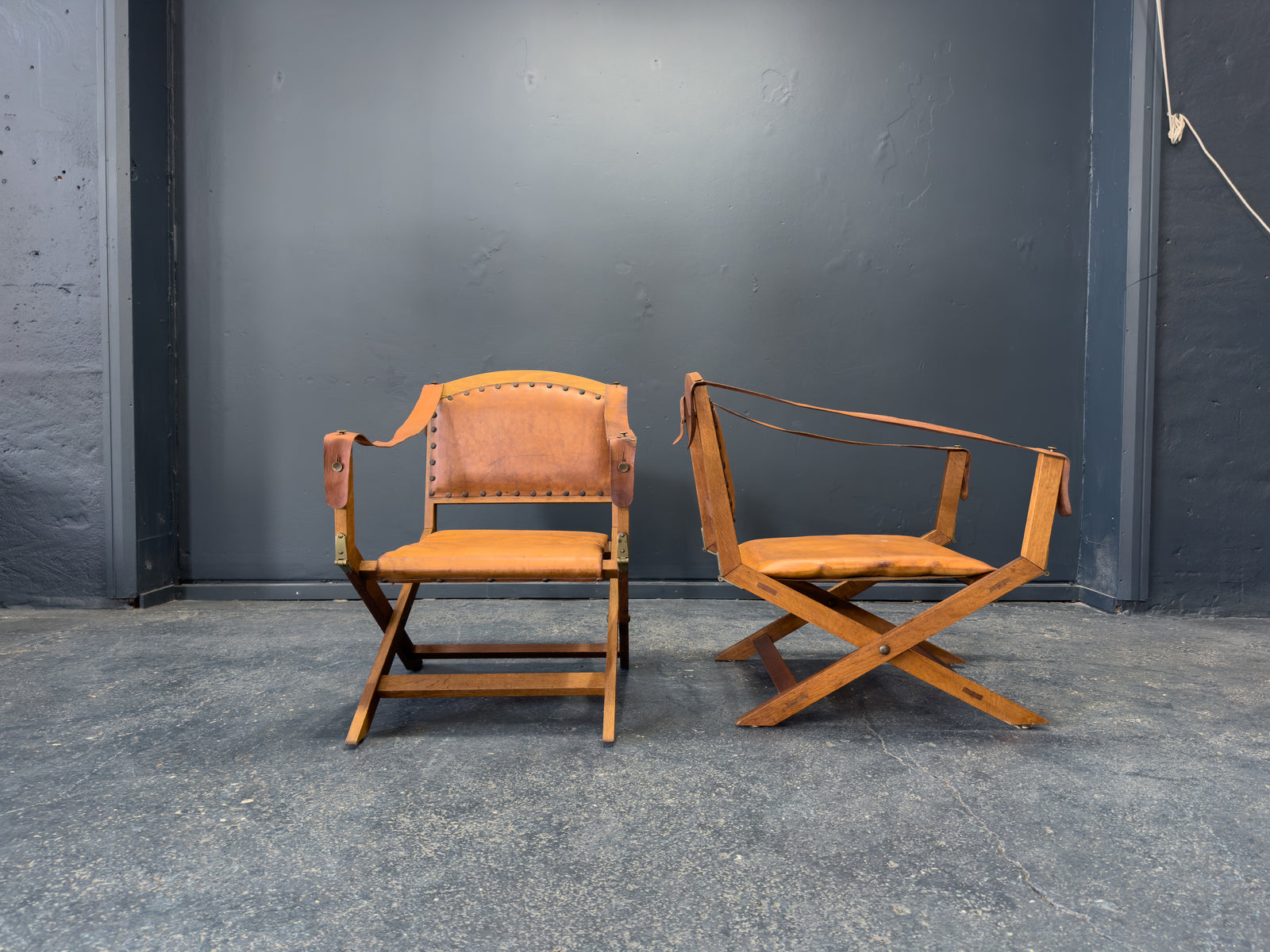 Oak and Leather Foldable Swedish Safari Chairs