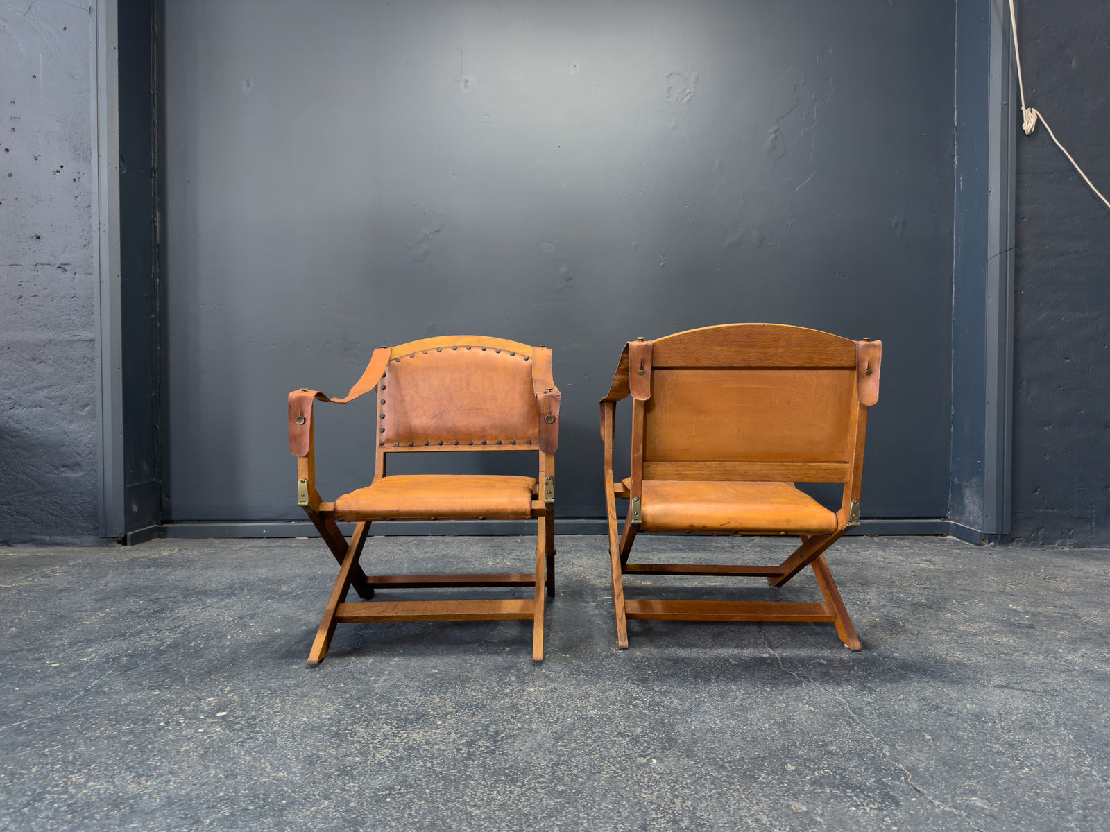 Oak and Leather Foldable Swedish Safari Chairs