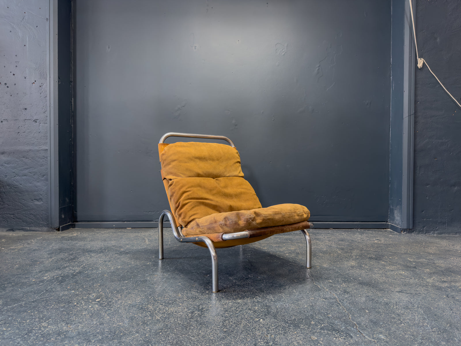Lounge Chair in Patinated Suede and Steel by Erik Ole Jørgensen