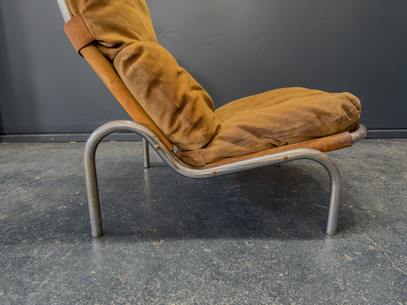 Lounge Chair in Patinated Suede and Steel by Erik Ole Jørgensen
