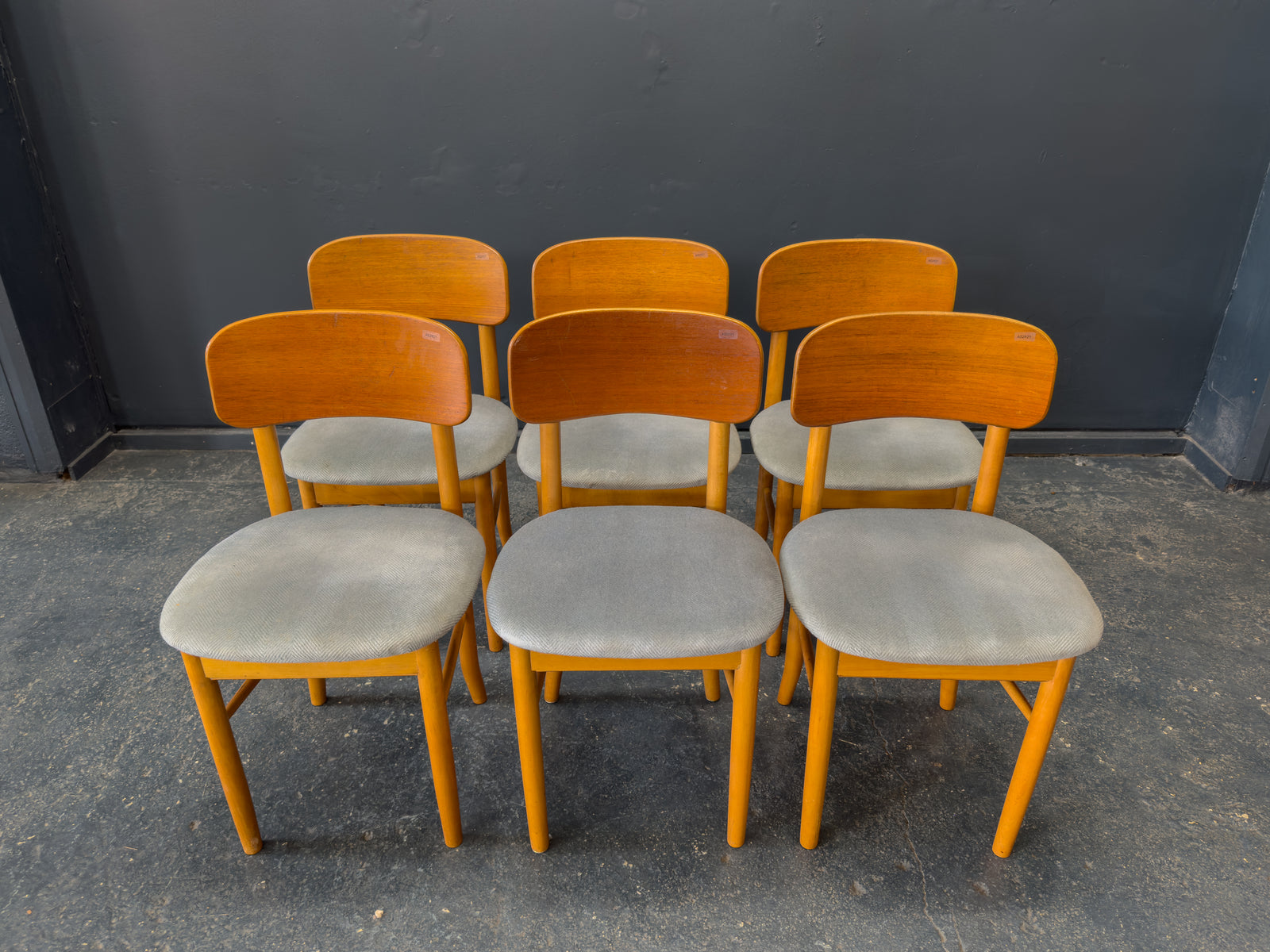 Set of 6 Teak and Blue Upholstered Dining Chairs
