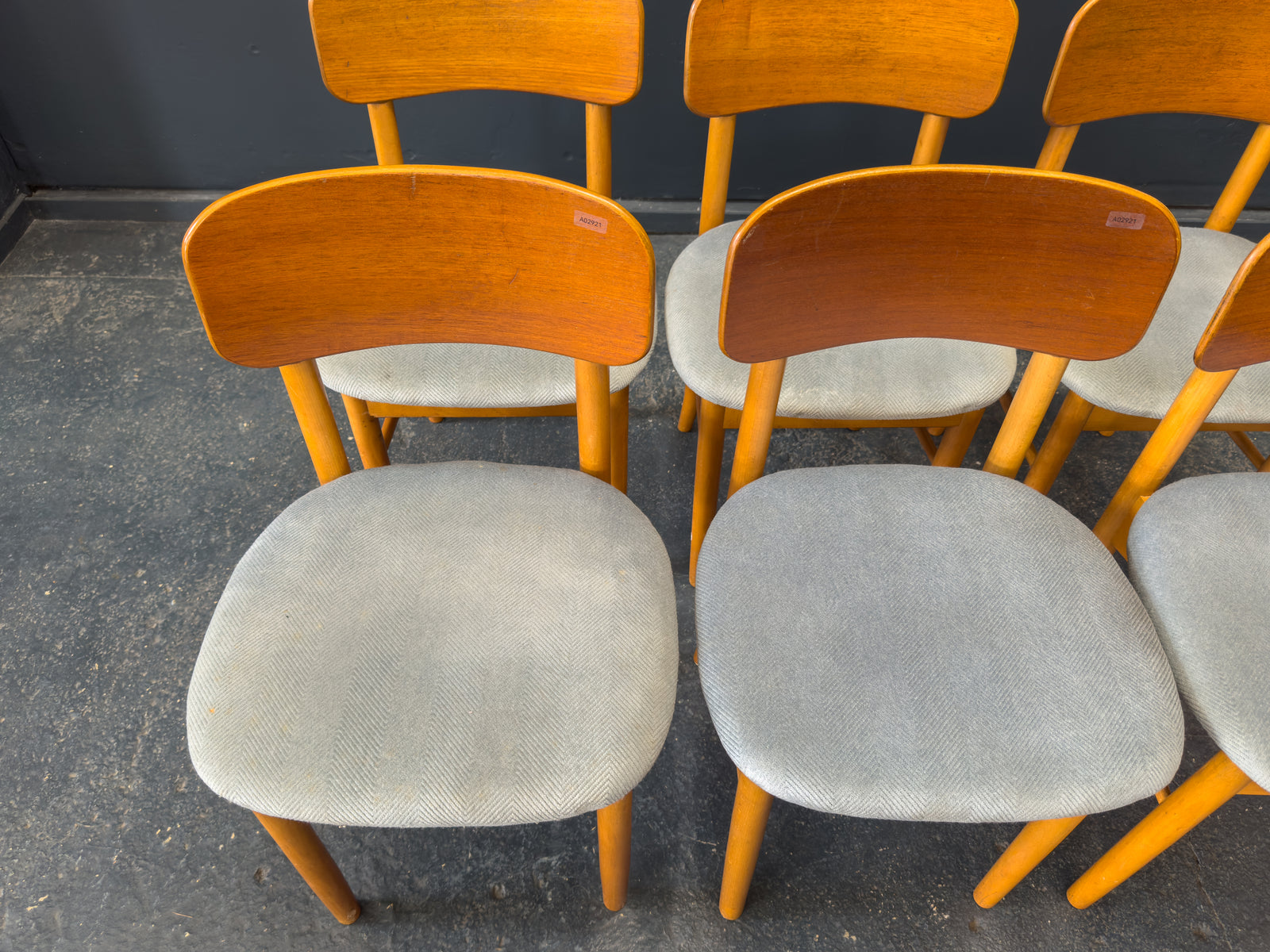 Set of 6 Teak and Blue Upholstered Dining Chairs