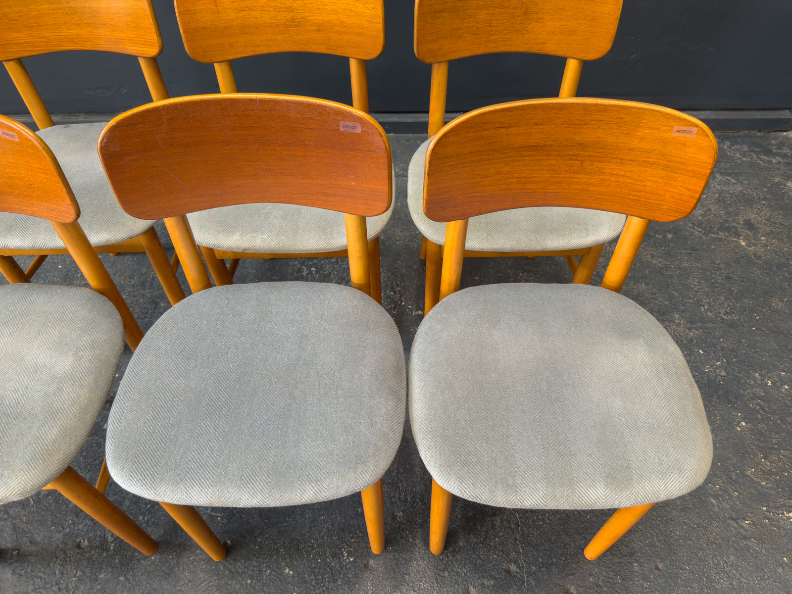 Set of 6 Teak and Blue Upholstered Dining Chairs