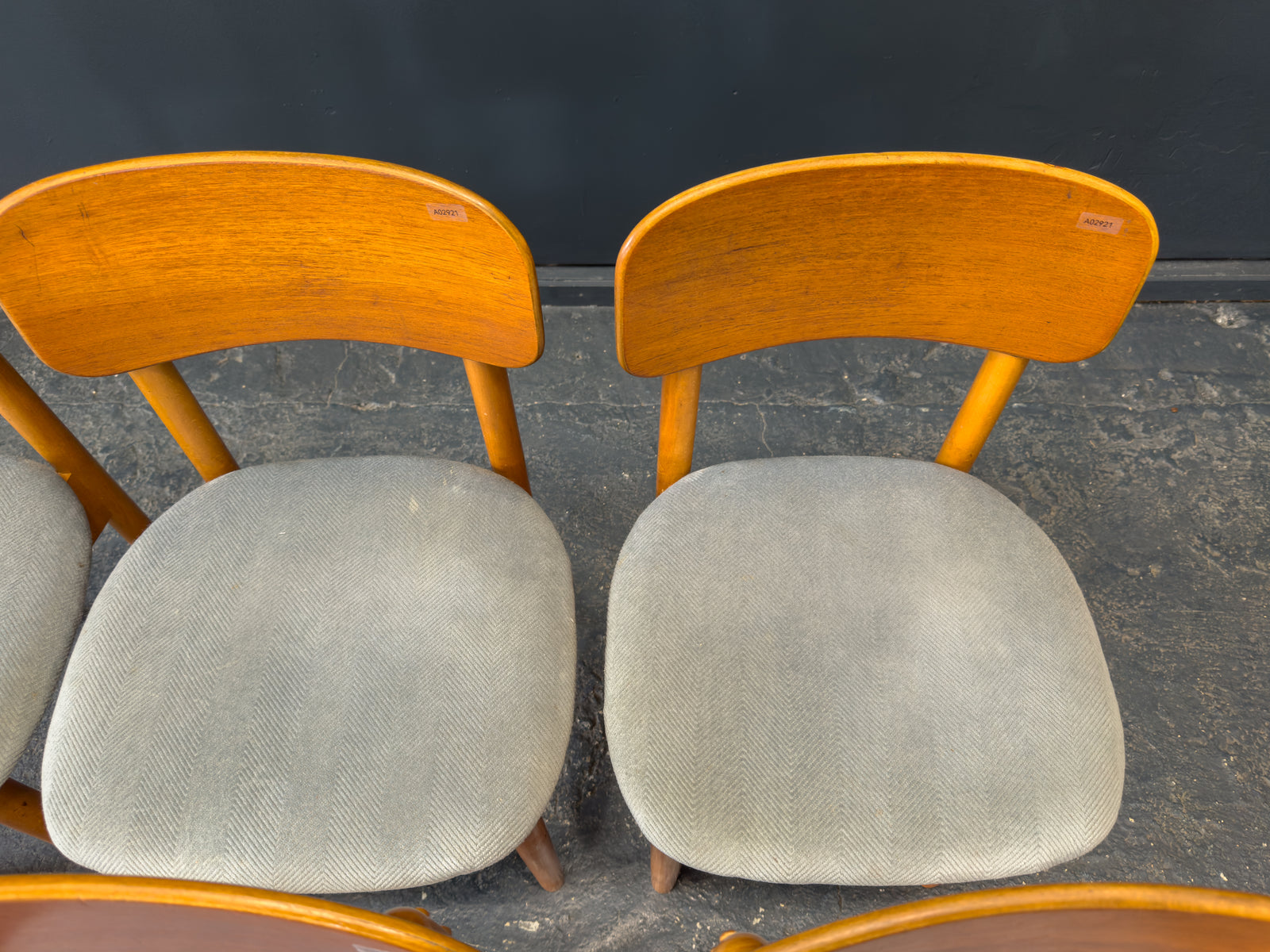 Set of 6 Teak and Blue Upholstered Dining Chairs