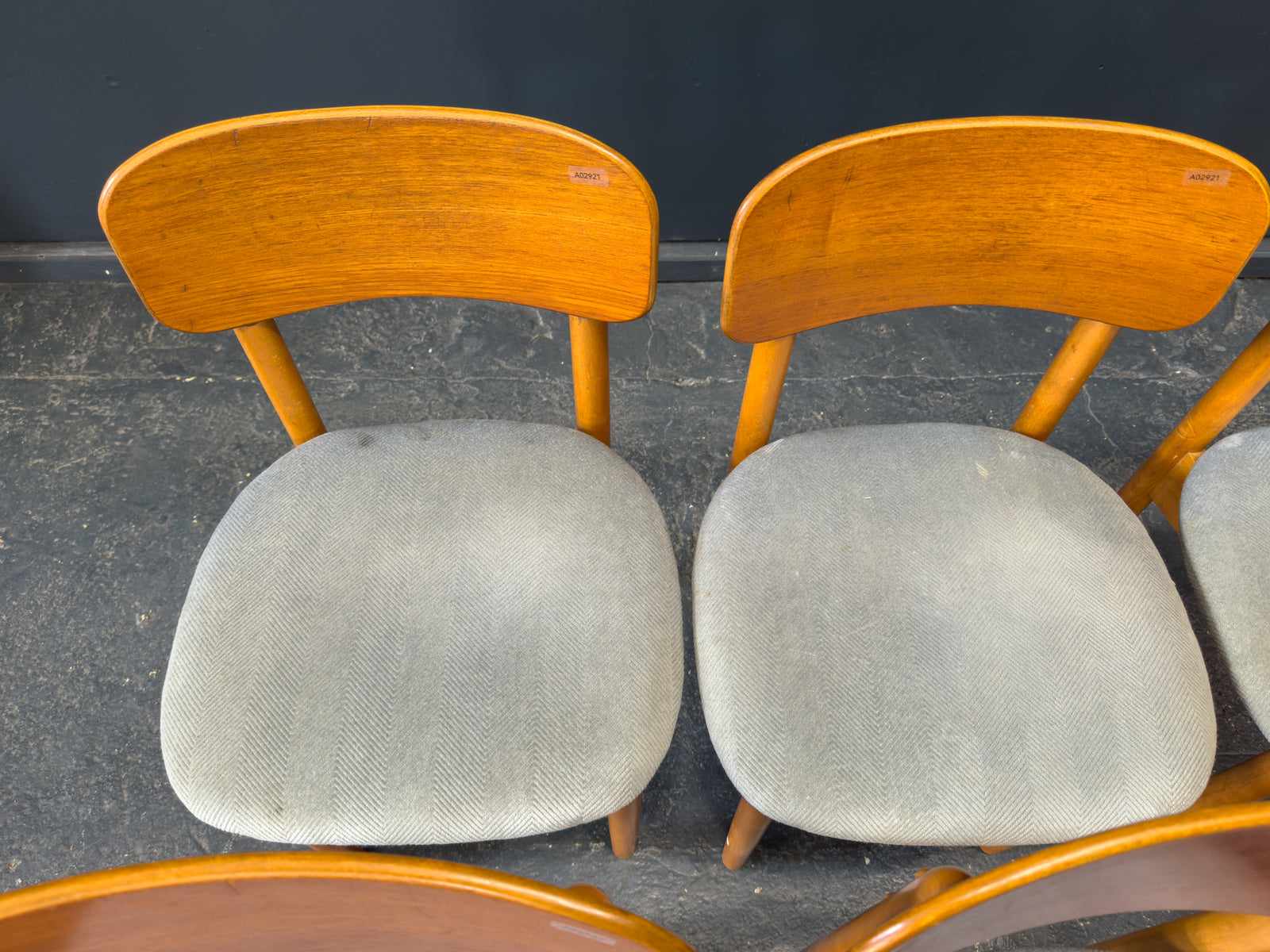 Set of 6 Teak and Blue Upholstered Dining Chairs