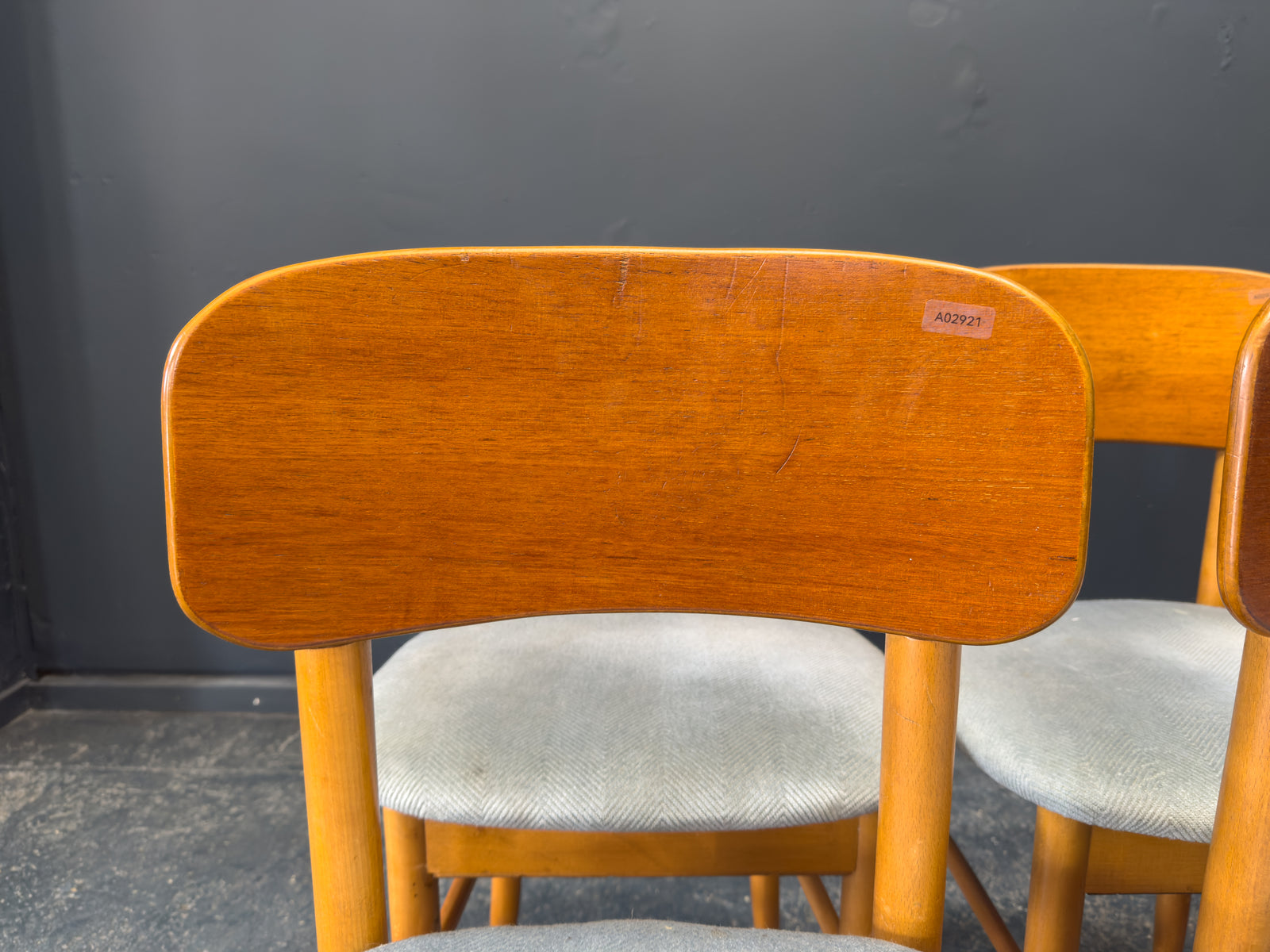 Set of 6 Teak and Blue Upholstered Dining Chairs