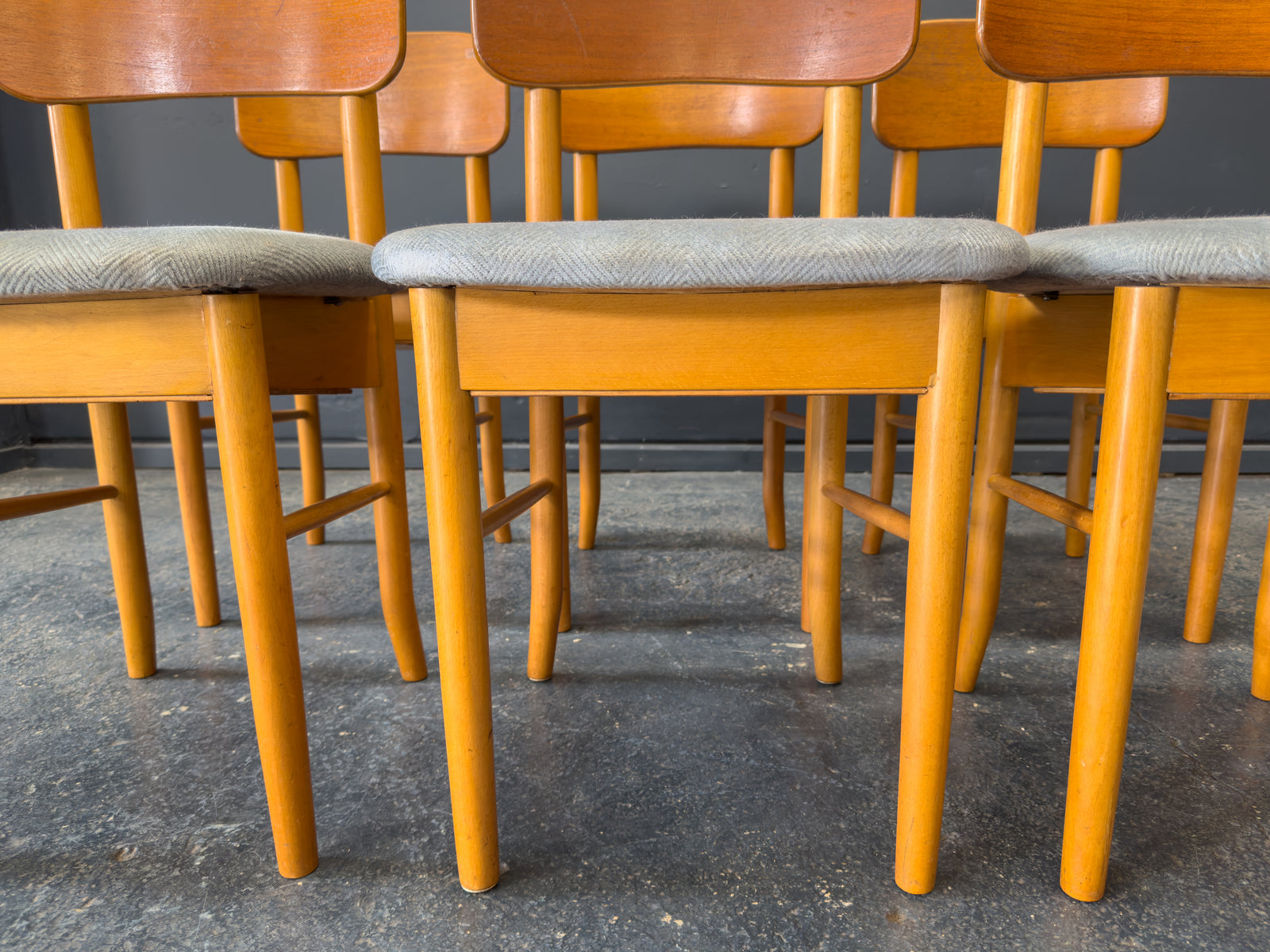 Set of 6 Teak and Blue Upholstered Dining Chairs