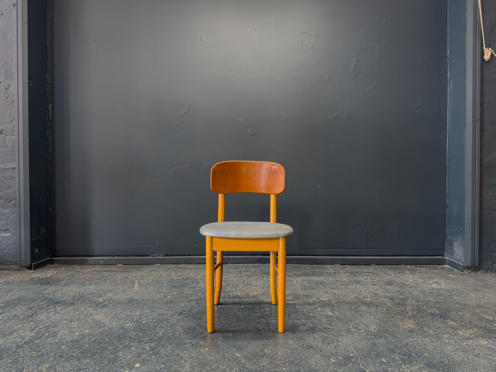Set of 6 Teak and Blue Upholstered Dining Chairs