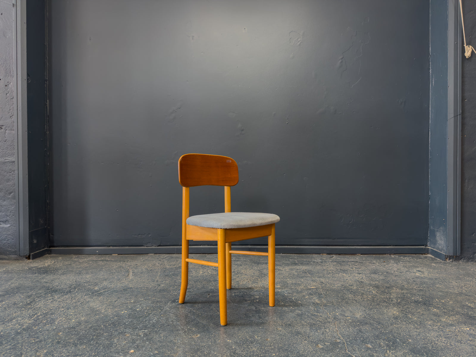Set of 6 Teak and Blue Upholstered Dining Chairs