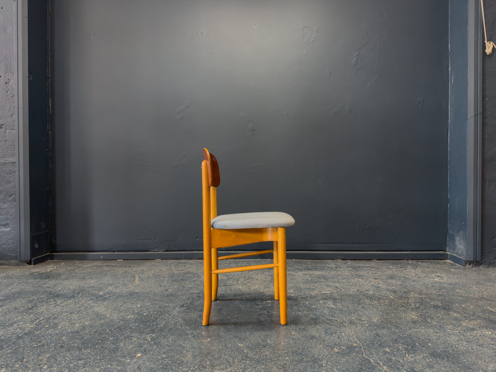 Set of 6 Teak and Blue Upholstered Dining Chairs