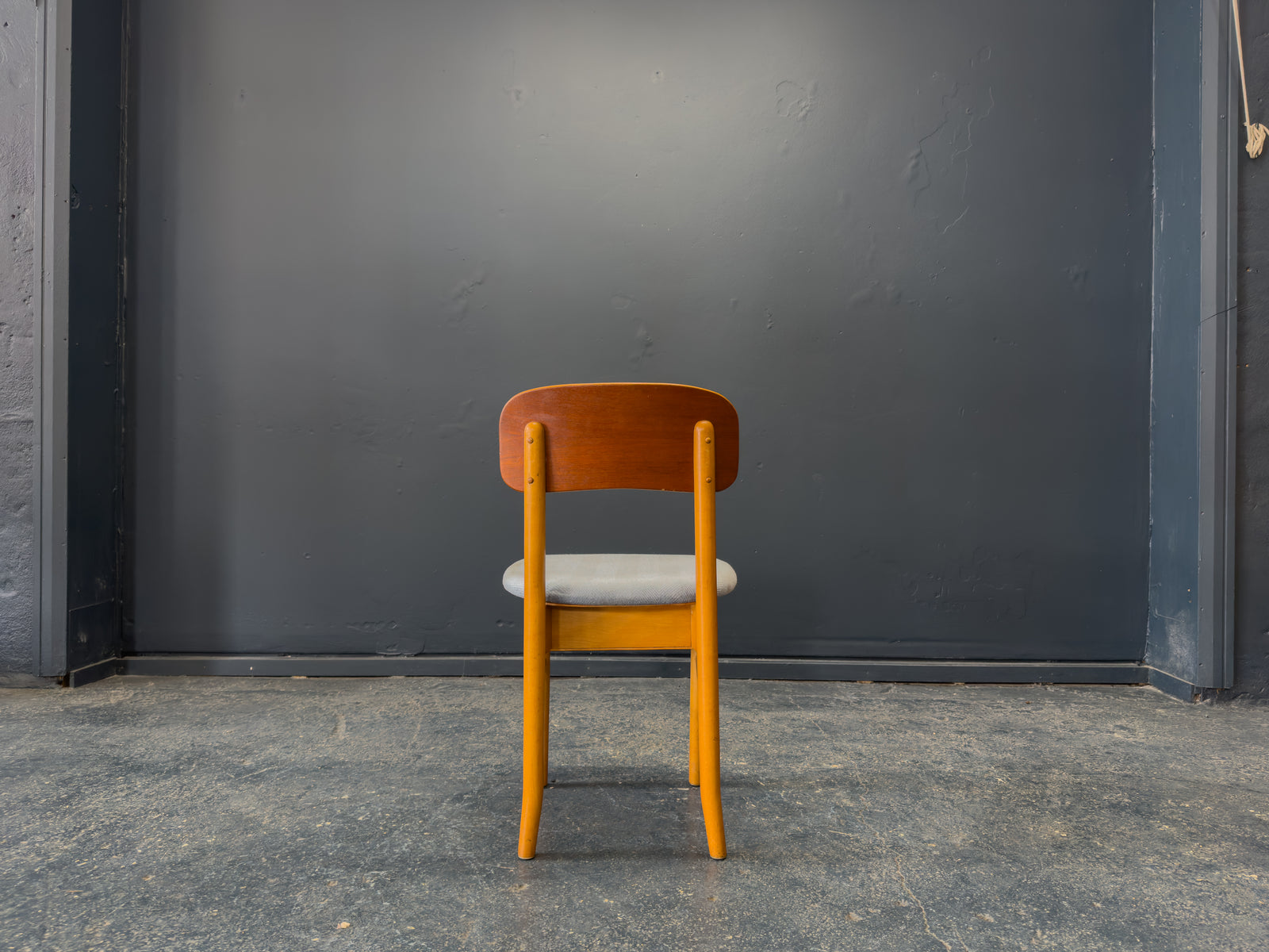 Set of 6 Teak and Blue Upholstered Dining Chairs