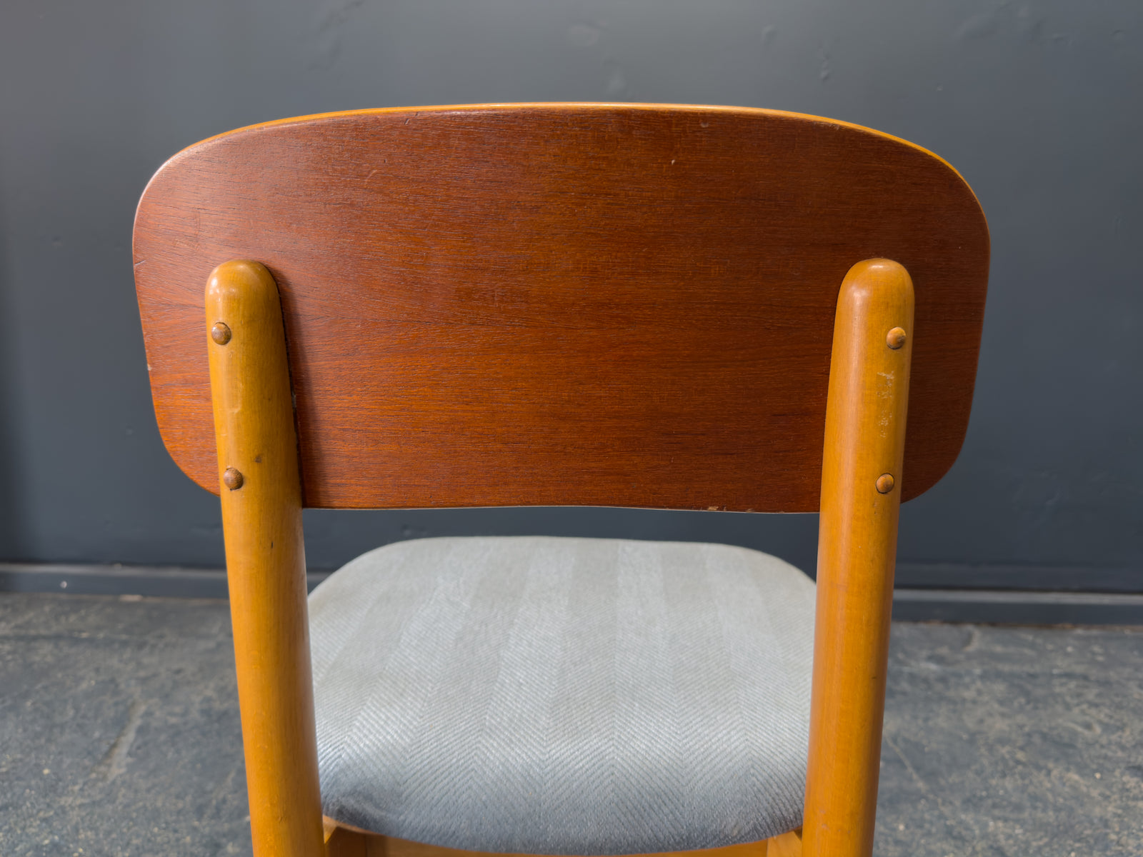 Set of 6 Teak and Blue Upholstered Dining Chairs