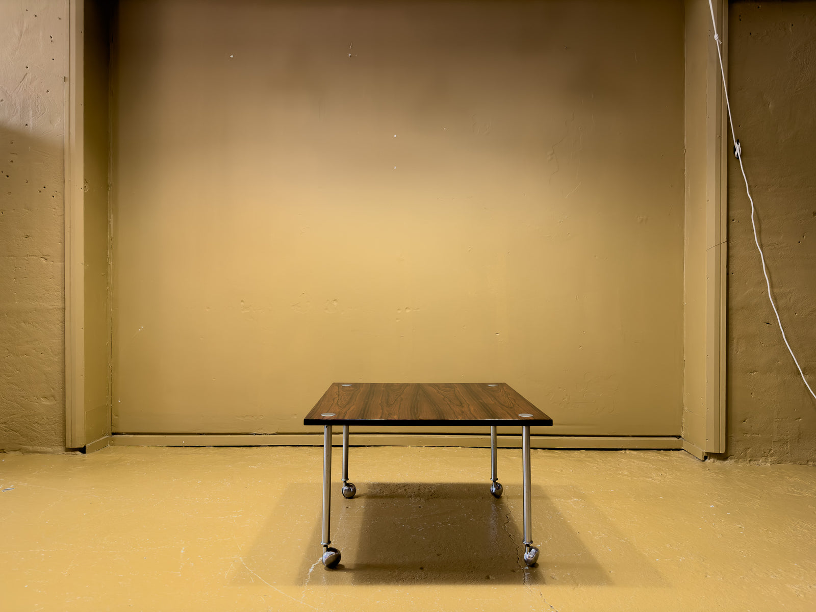 Rosewood Coffee Table with Metal Legs on Wheels