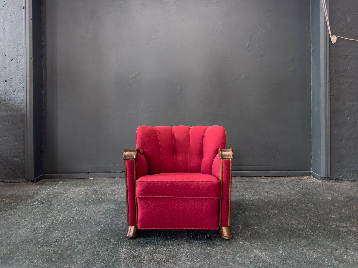Red Upholstered Armchair with Scalloped Shape