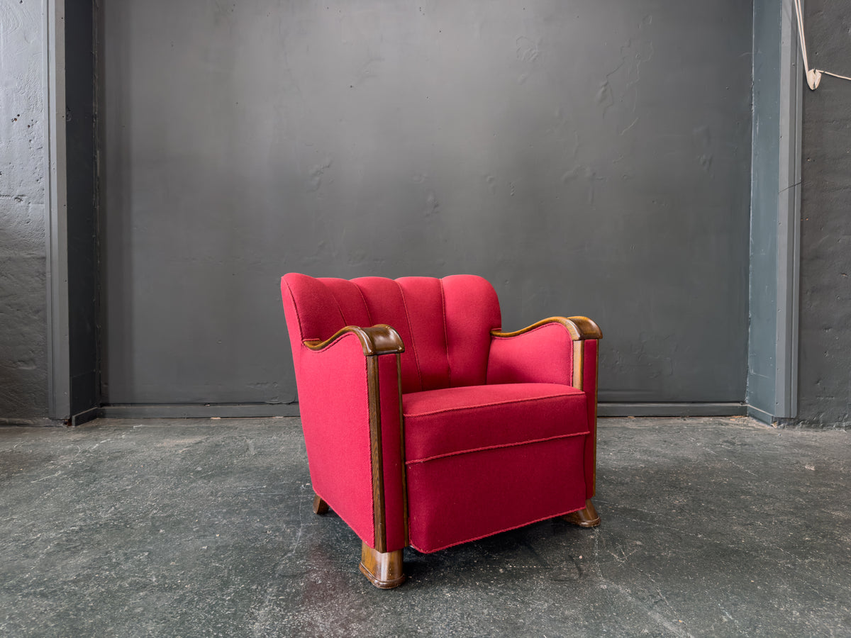 Red Upholstered Armchair with Scalloped Shape