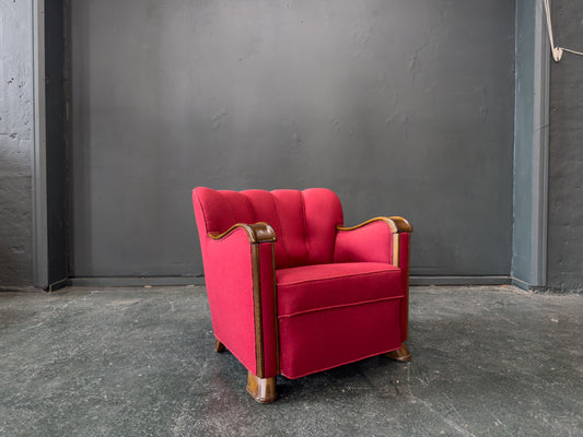 Red Upholstered Armchair with Scalloped Shape