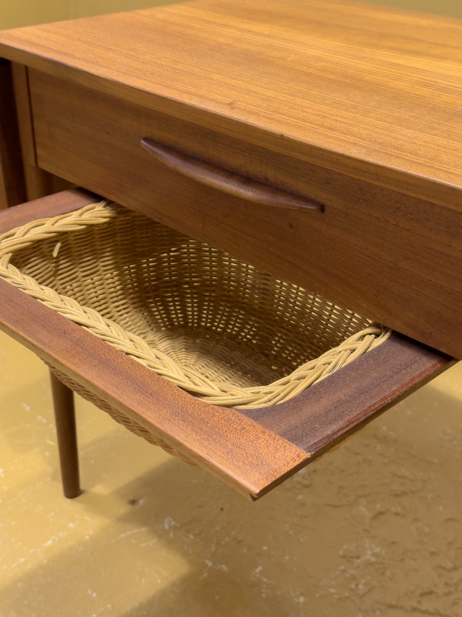 Teak , Oak and Wicker Sewing Table