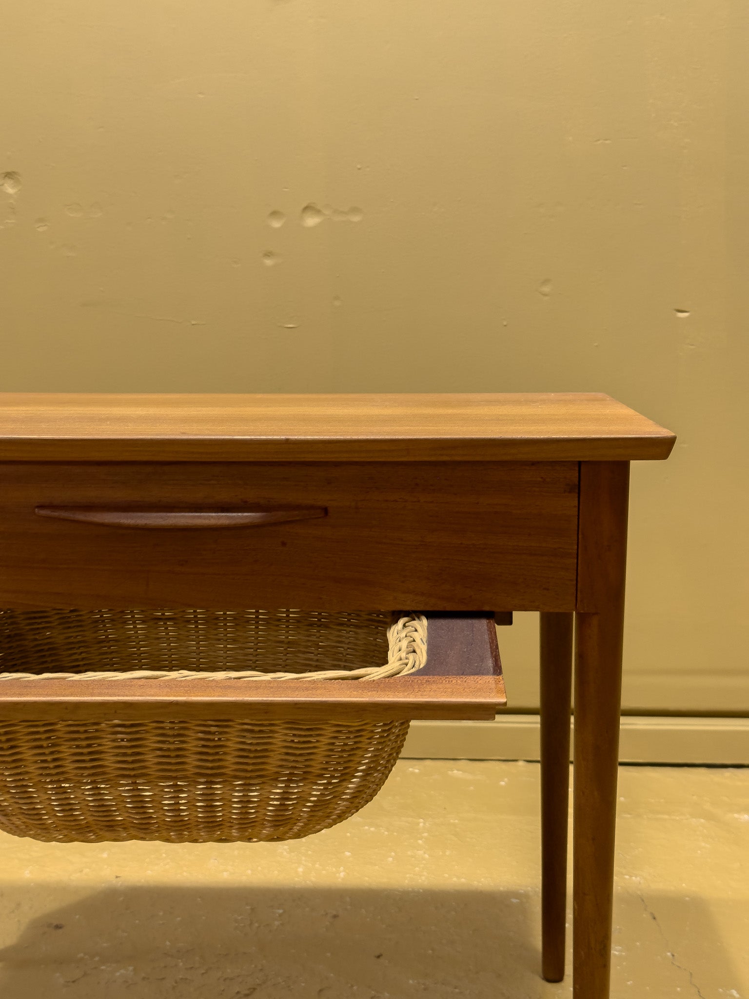 Teak , Oak and Wicker Sewing Table