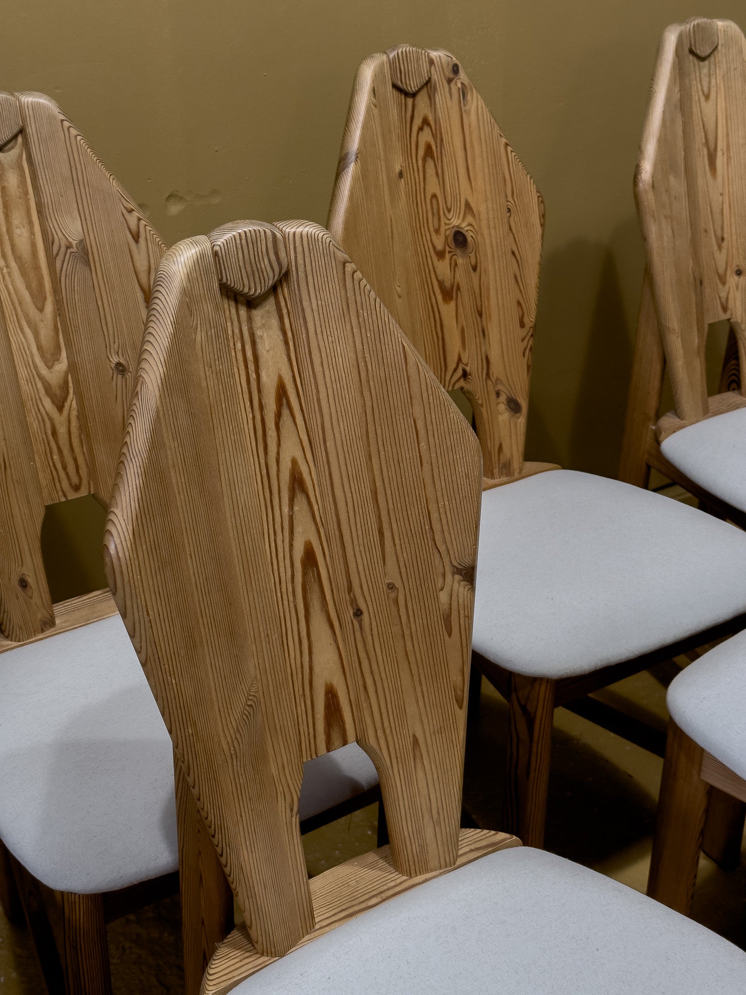 Set of Eight Sculptural Pine Dinning Chairs