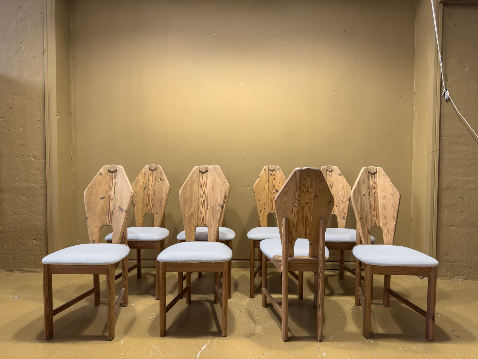 Set of Eight Sculptural Pine Dinning Chairs
