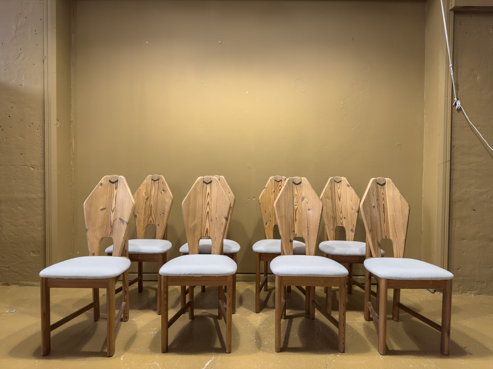 Set of Eight Sculptural Pine Dinning Chairs