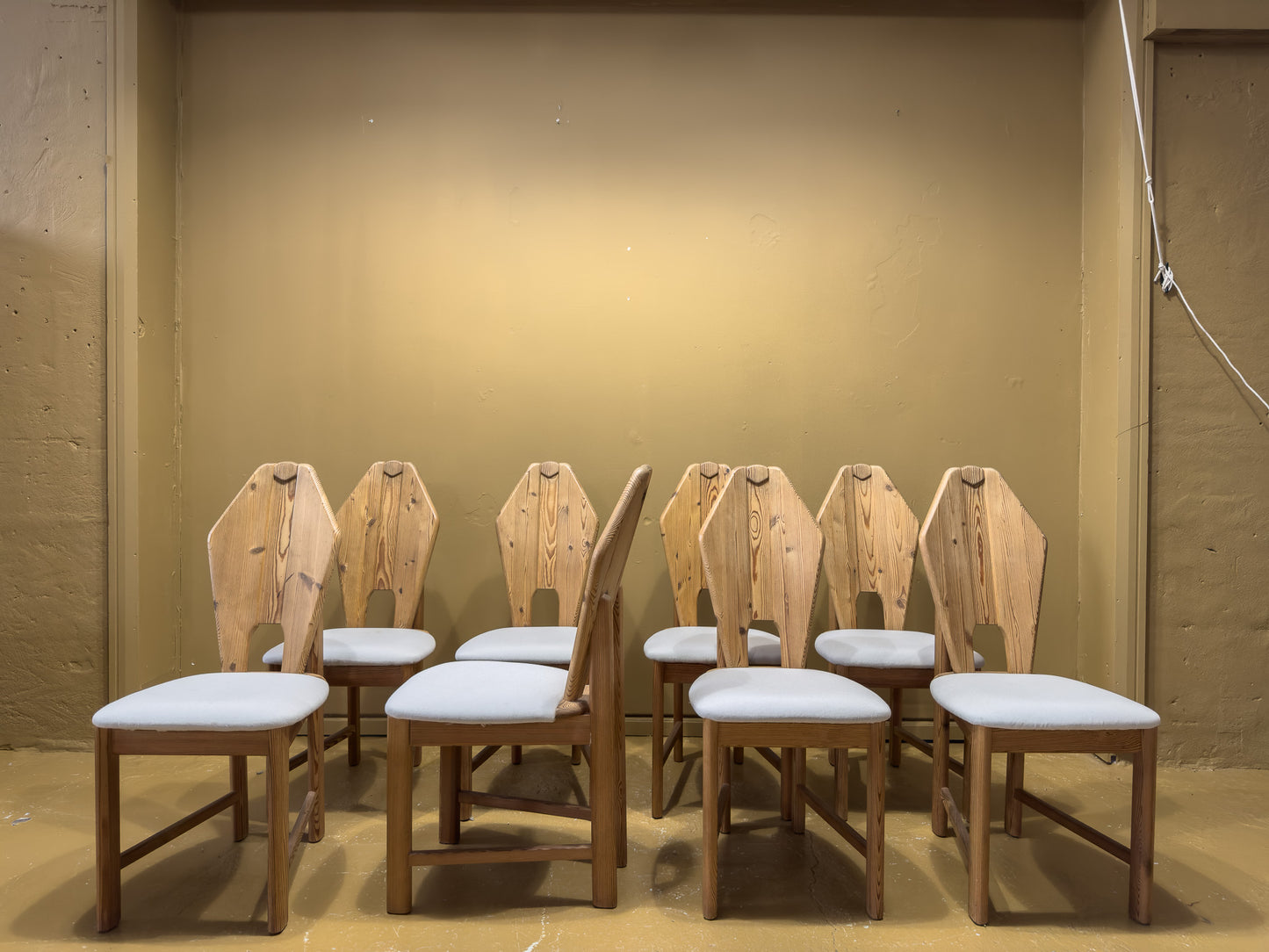Set of Eight Sculptural Pine Dinning Chairs