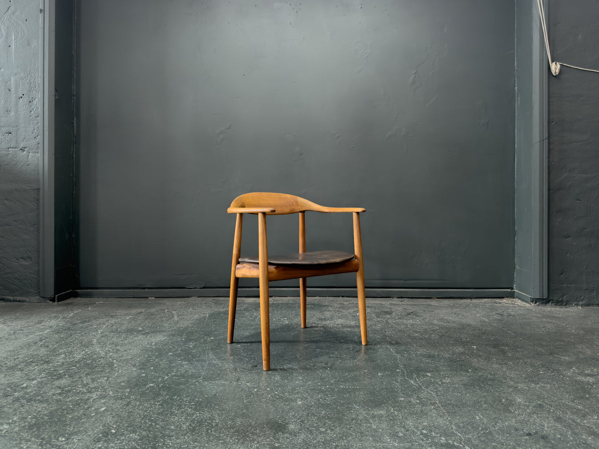 Oak and Black Leather Carver Chair