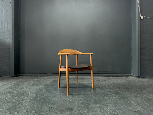 Oak and Black Leather Carver Chair