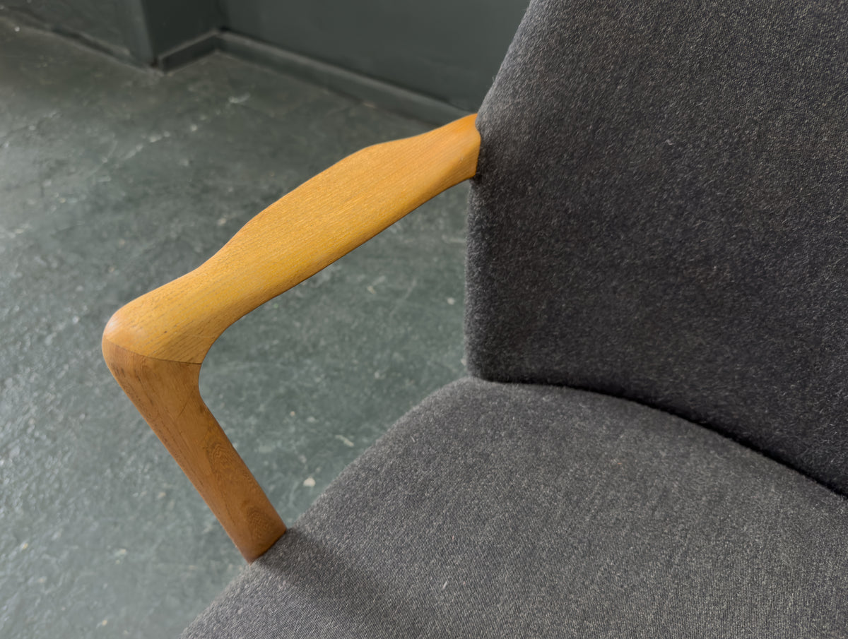 Oak and Grey Upholstered Carver Chair