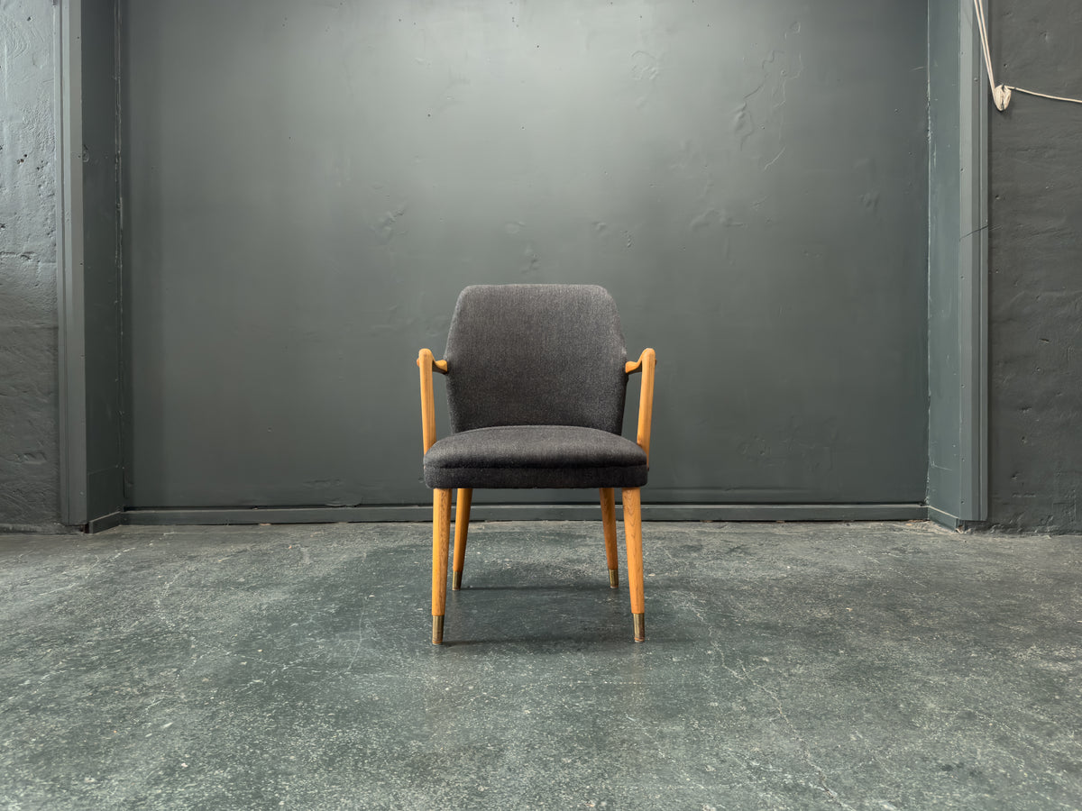 Oak and Grey Upholstered Carver Chair