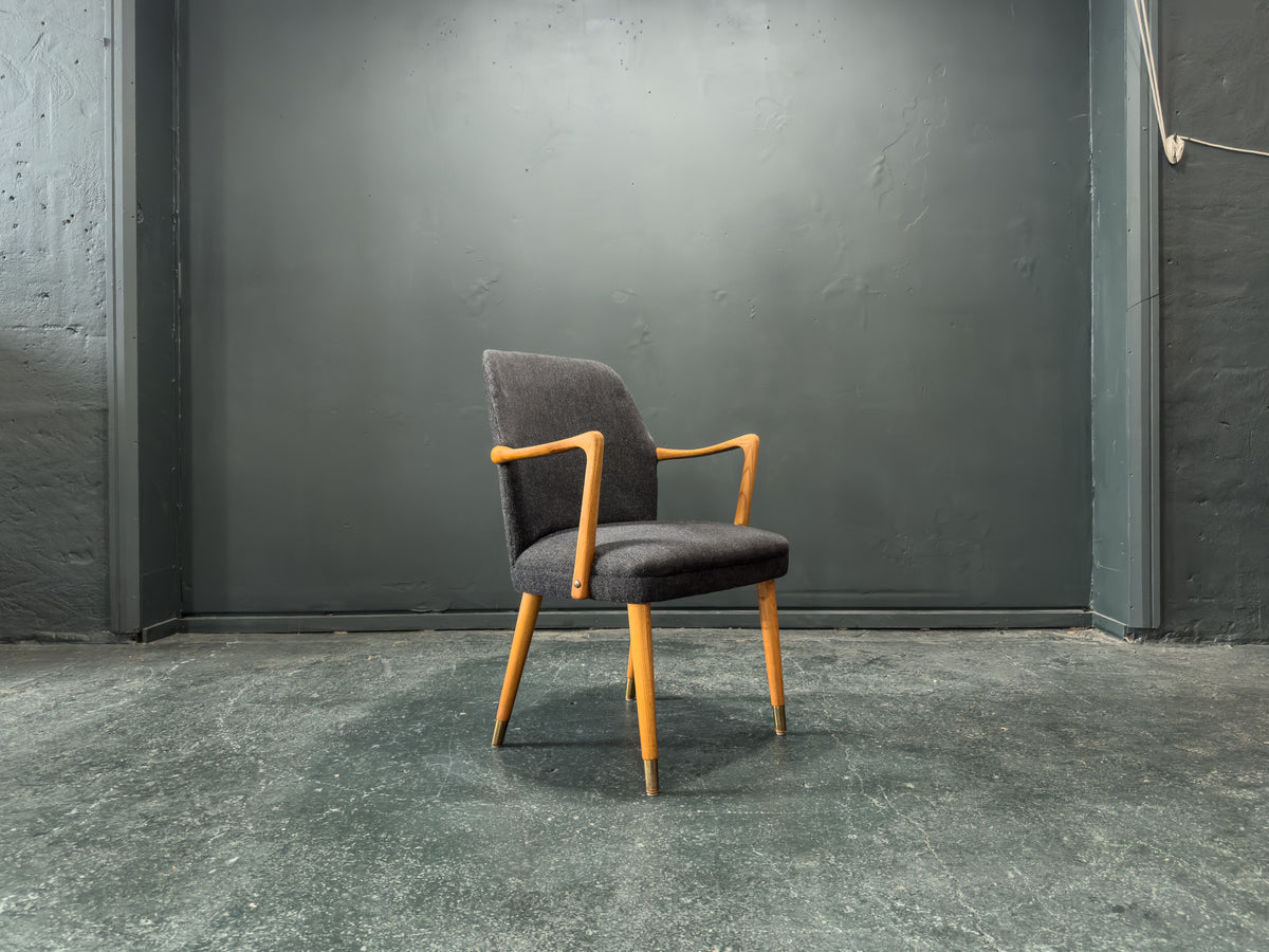 Oak and Grey Upholstered Carver Chair