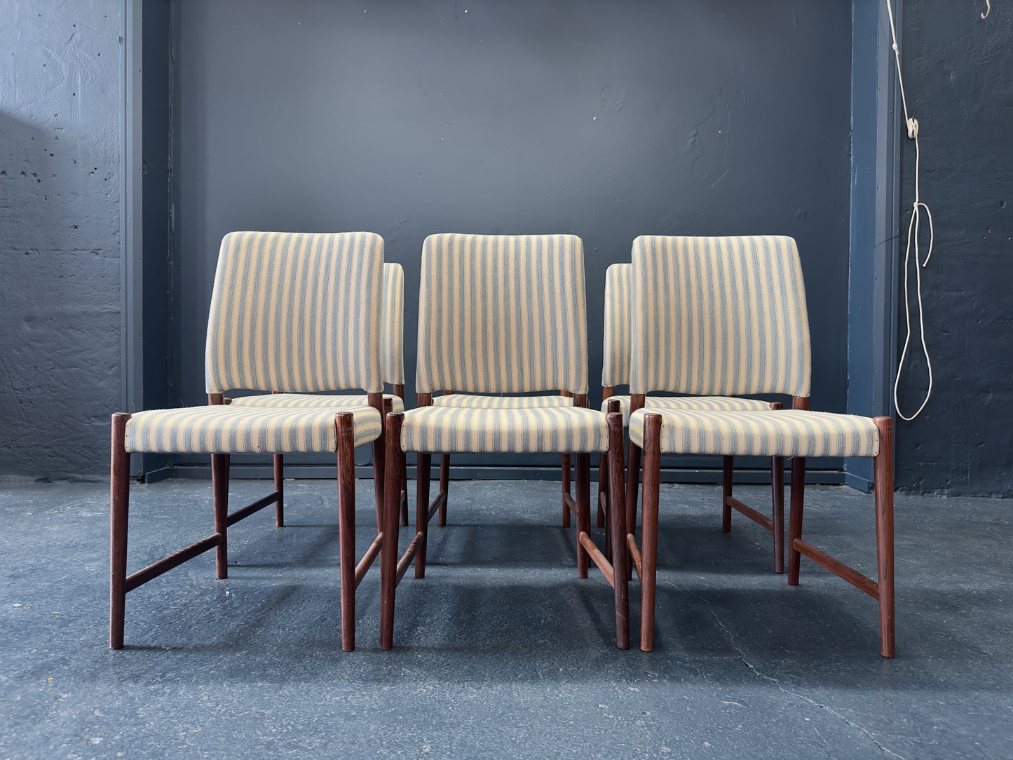 Set of Six Blue and White Striped Chairs