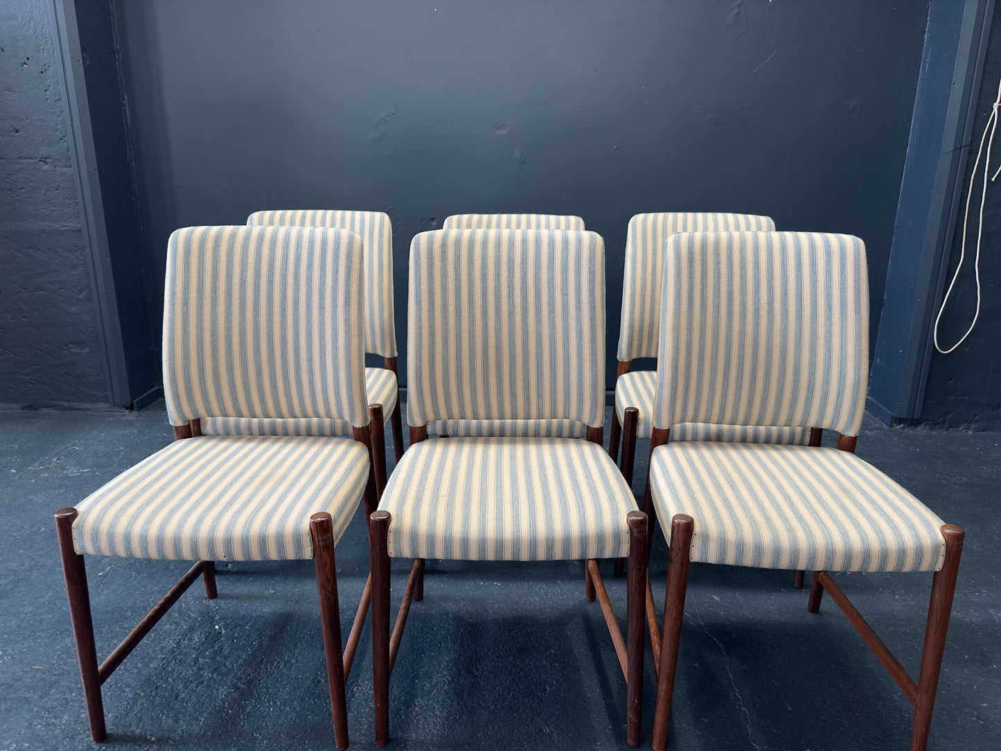 Set of Six Blue and White Striped Chairs