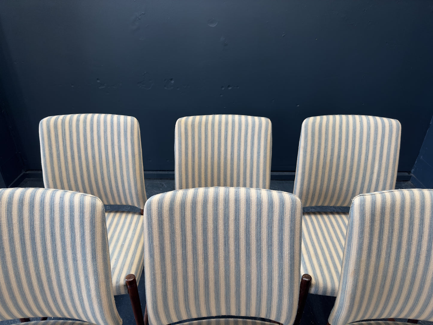 Set of Six Blue and White Striped Chairs