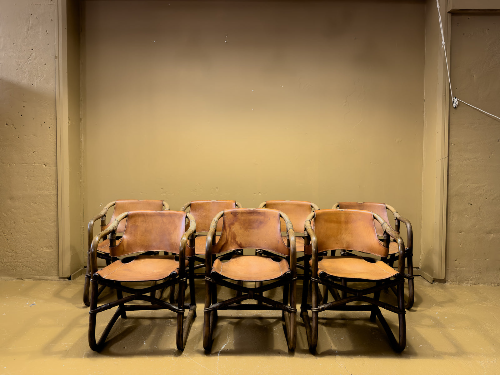 Set of 7 Bamboo and Saddle Leather Chairs by Horsnaes