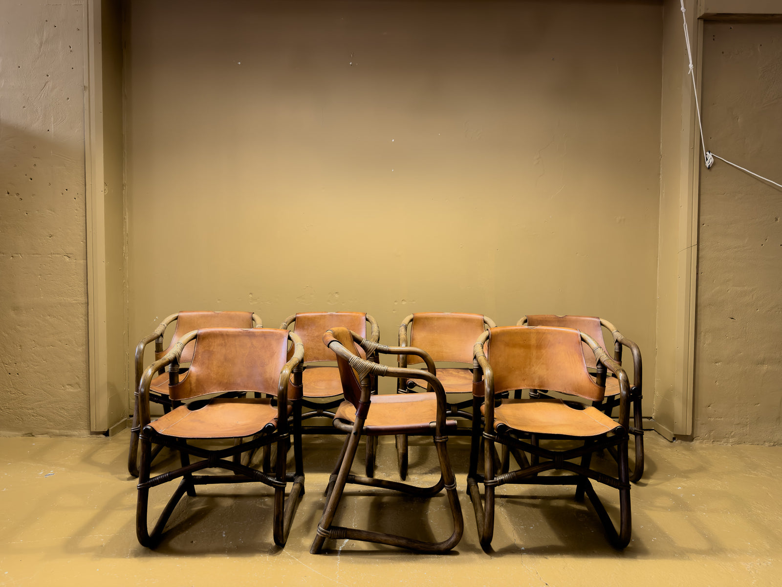 Set of 7 Bamboo and Saddle Leather Chairs by Horsnaes