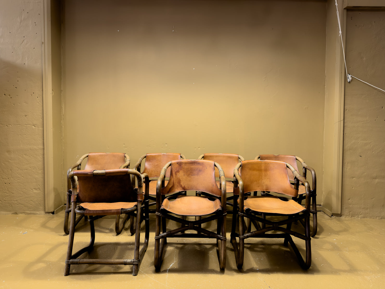 Set of 7 Bamboo and Saddle Leather Chairs by Horsnaes