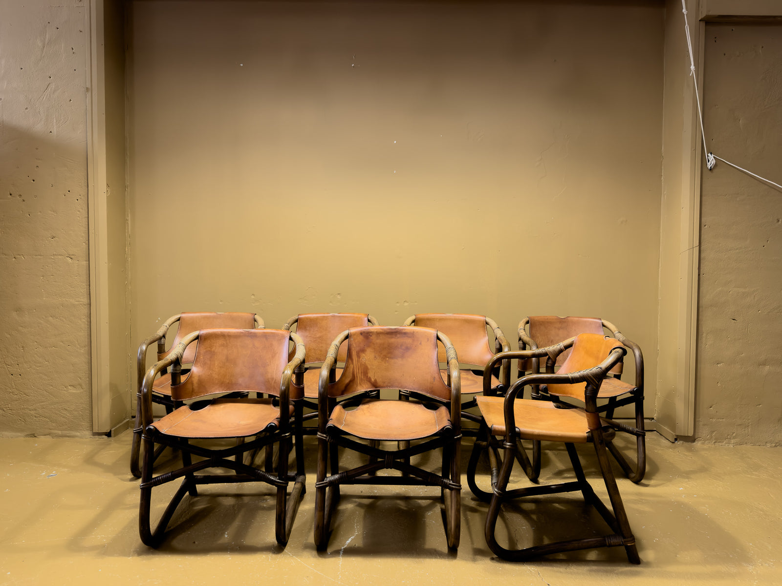 Set of 7 Bamboo and Saddle Leather Chairs by Horsnaes