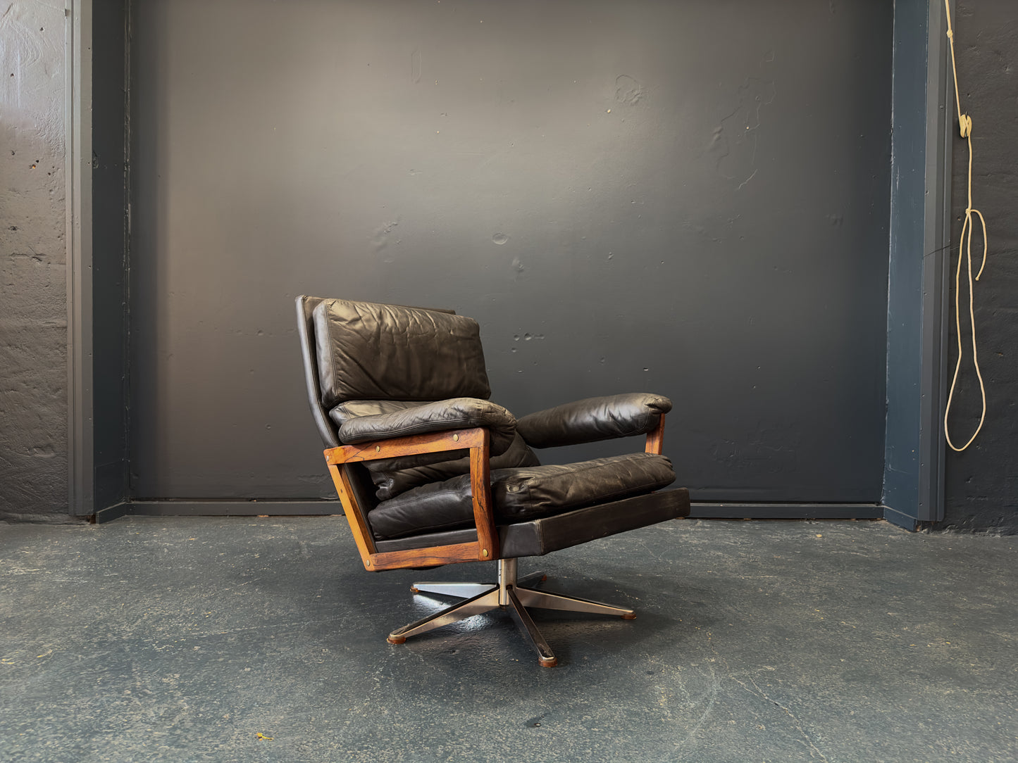 Black Leather and Rosewood Swivel Chair