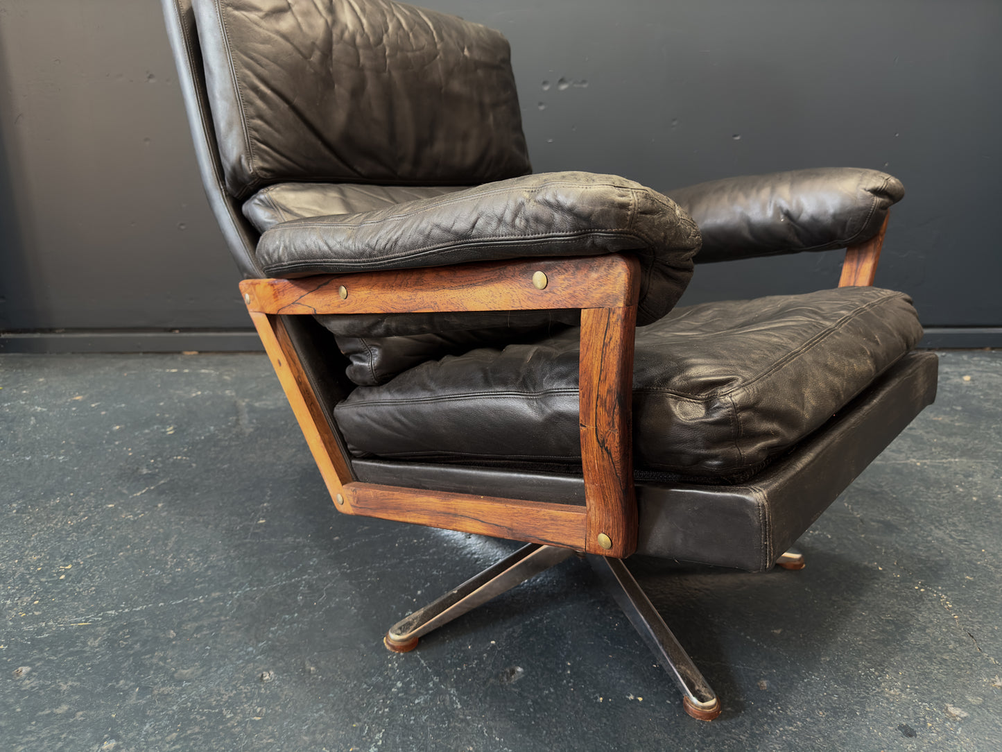 Black Leather and Rosewood Swivel Chair