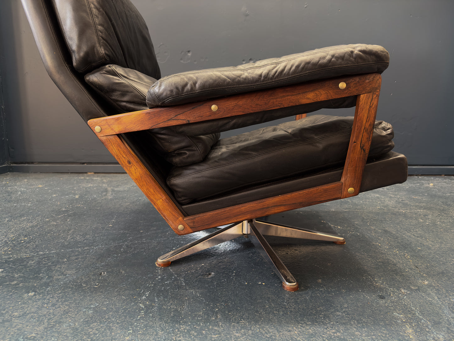 Black Leather and Rosewood Swivel Chair