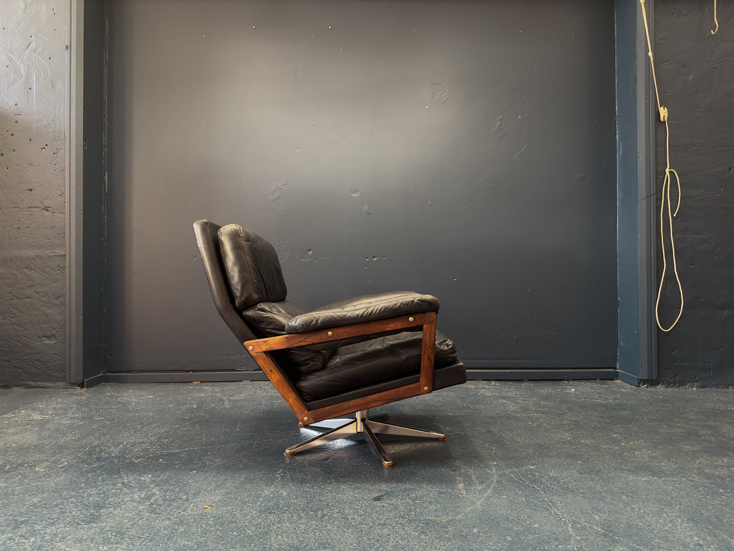 Black Leather and Rosewood Swivel Chair