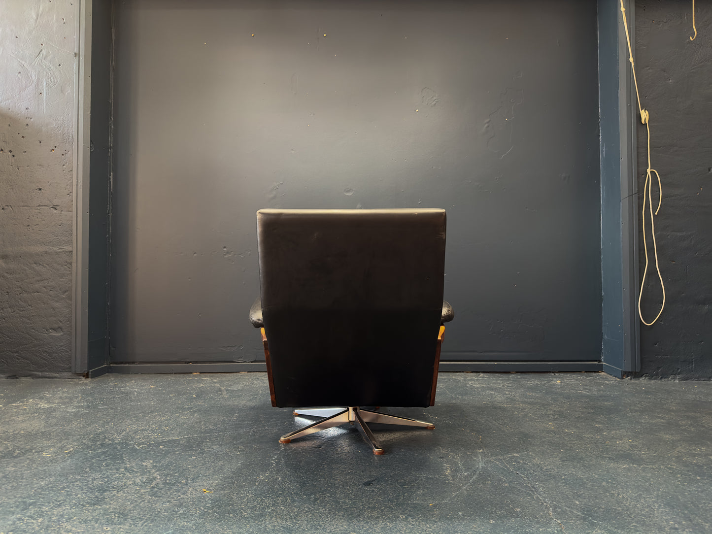 Black Leather and Rosewood Swivel Chair