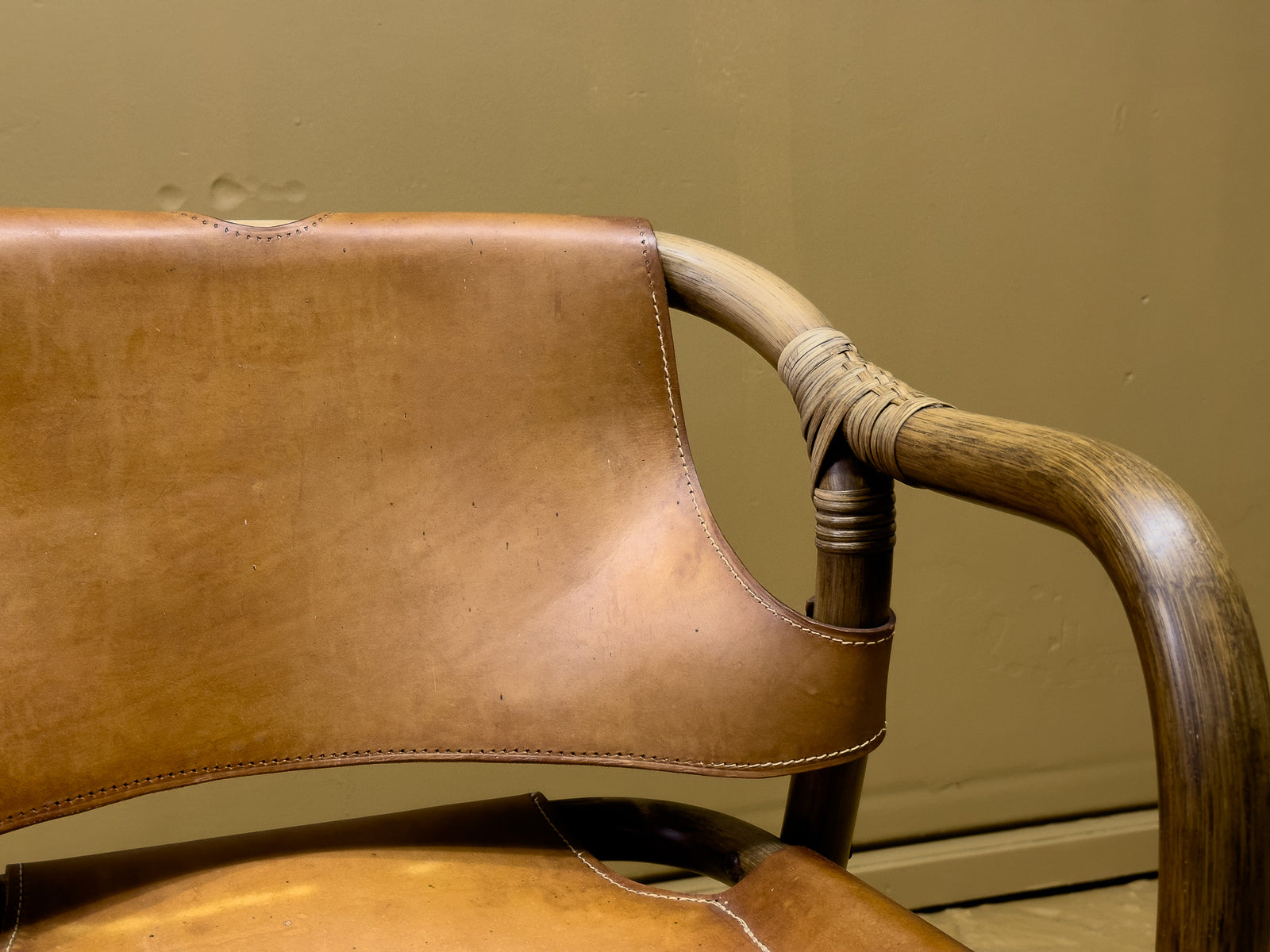 Set of 7 Bamboo and Saddle Leather Chairs by Horsnaes