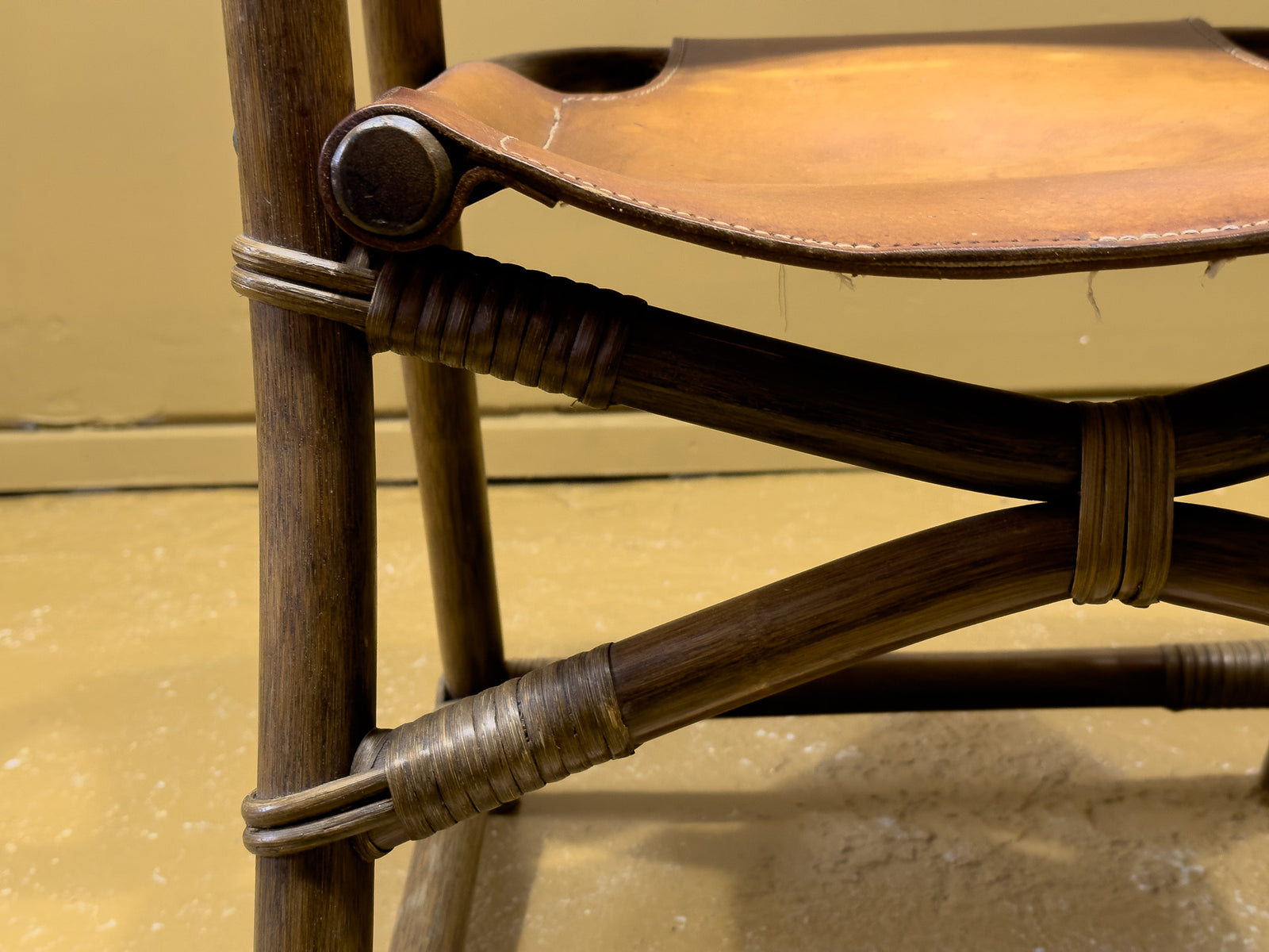 Set of 7 Bamboo and Saddle Leather Chairs by Horsnaes
