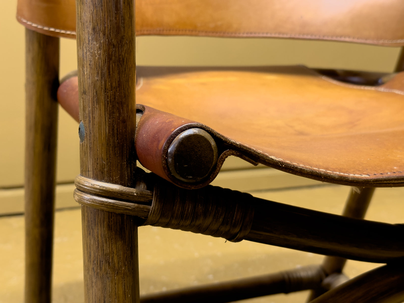 Set of 7 Bamboo and Saddle Leather Chairs by Horsnaes