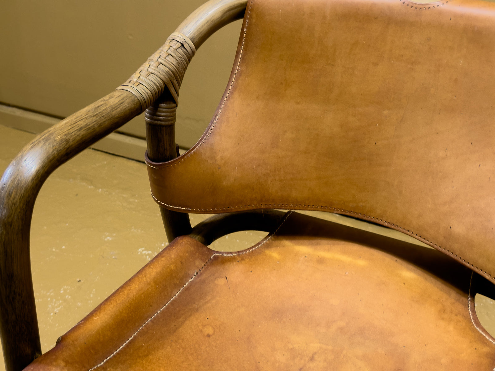 Set of 7 Bamboo and Saddle Leather Chairs by Horsnaes