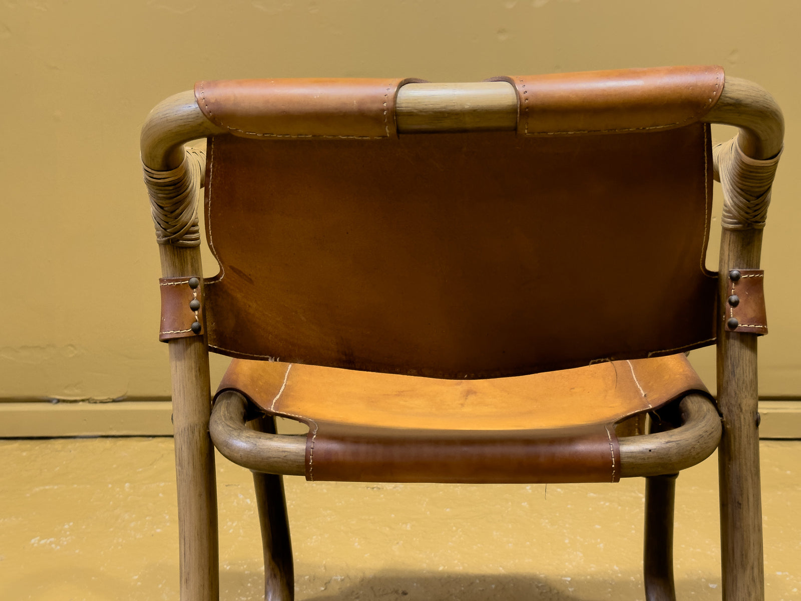 Set of 7 Bamboo and Saddle Leather Chairs by Horsnaes